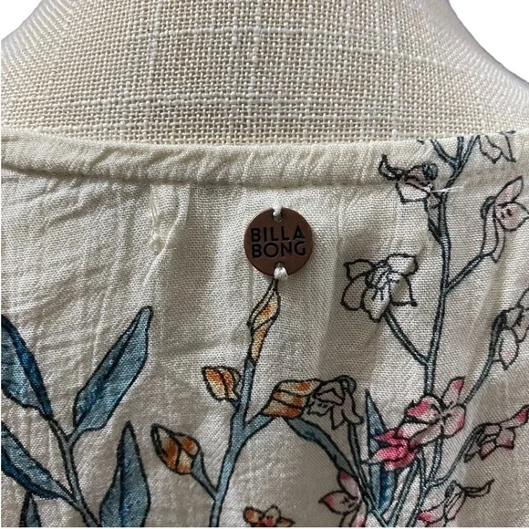 Billabong Play Day Women Cream Floral Long Sleeve Scoop Neck Crinkle Top Sz Sm - Picture 8 of 15